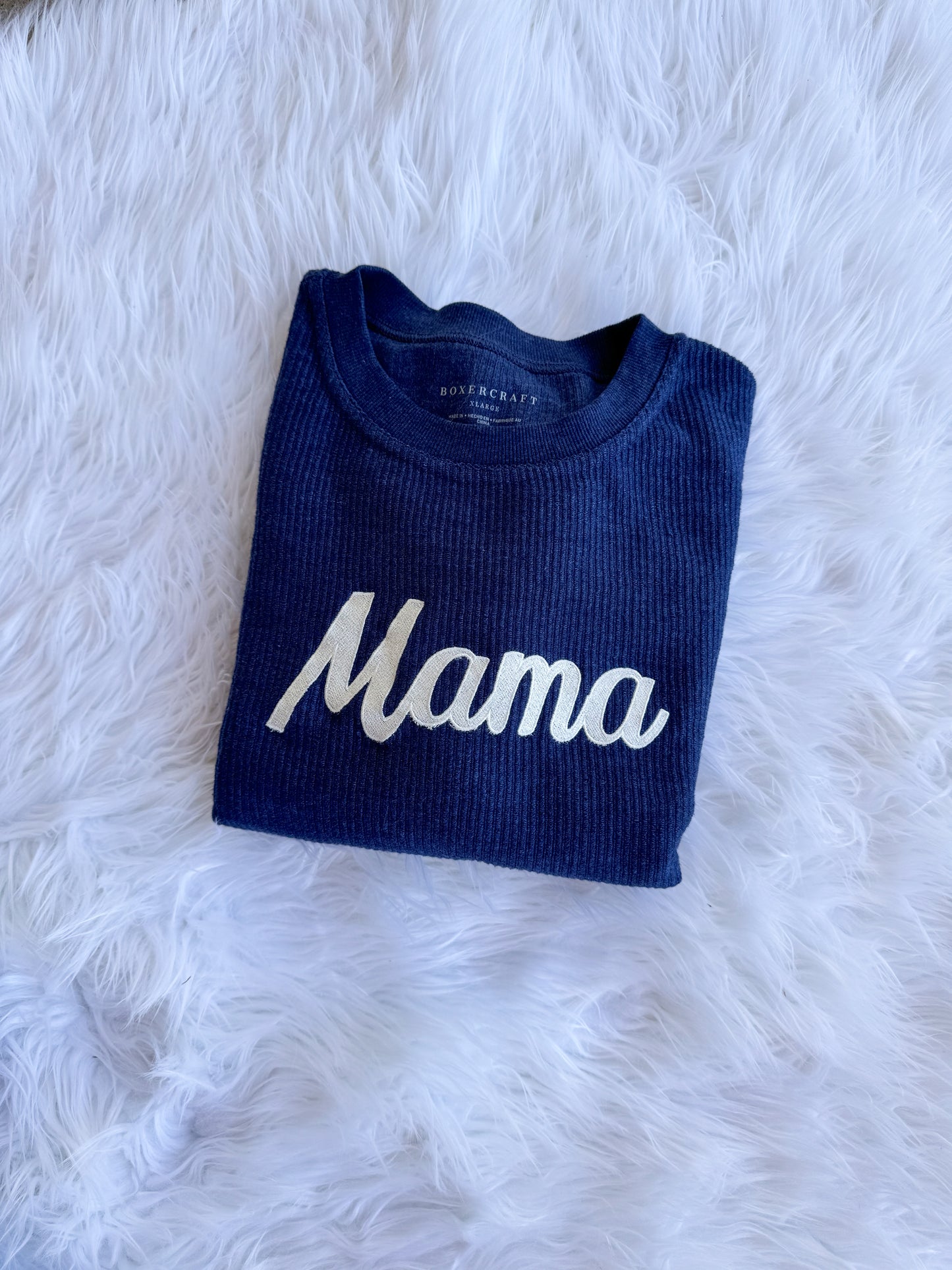 Mama Embroidered Corded Crew - Navy