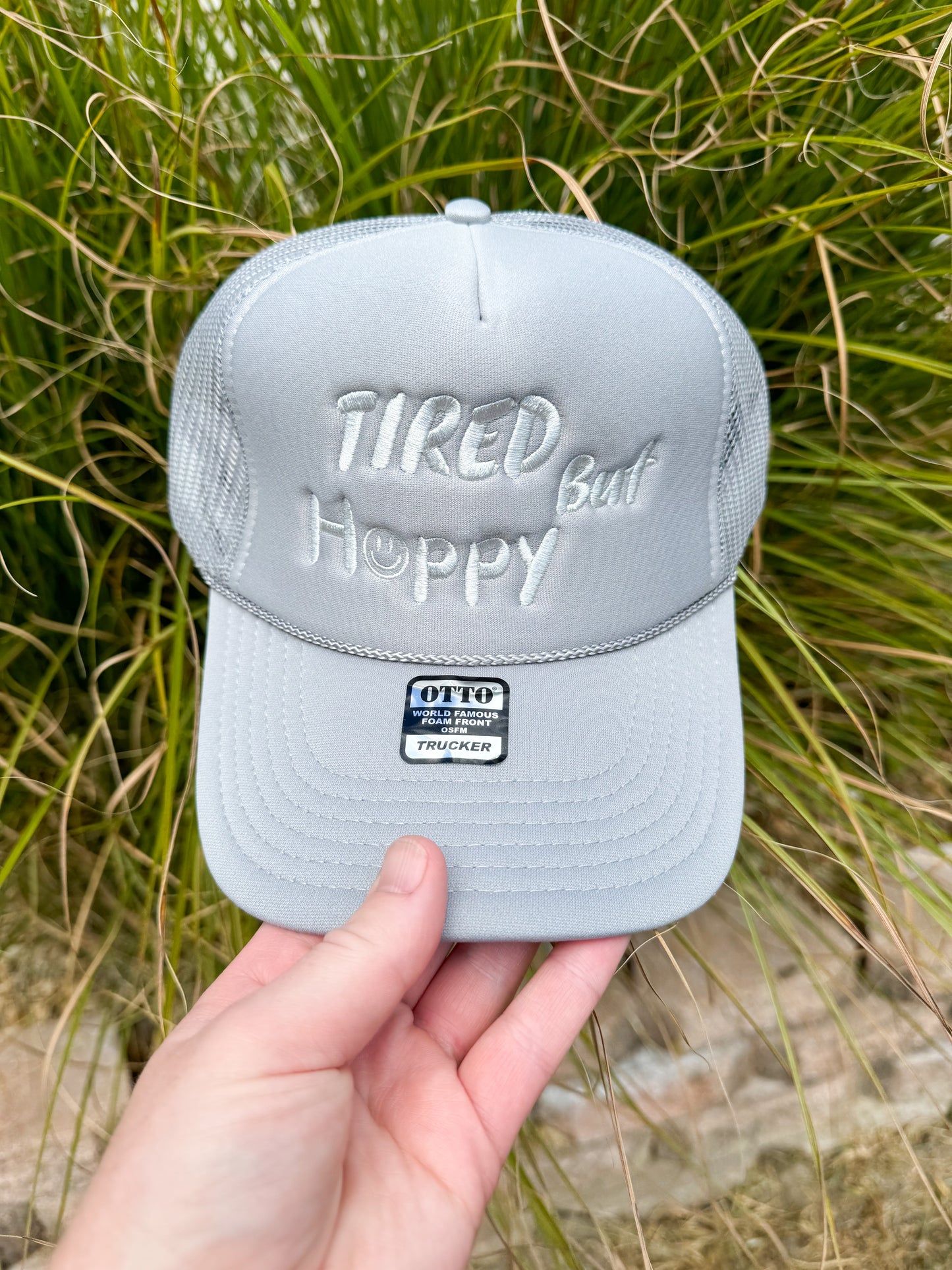 Tired But Happy - Trucker Hat - Grey