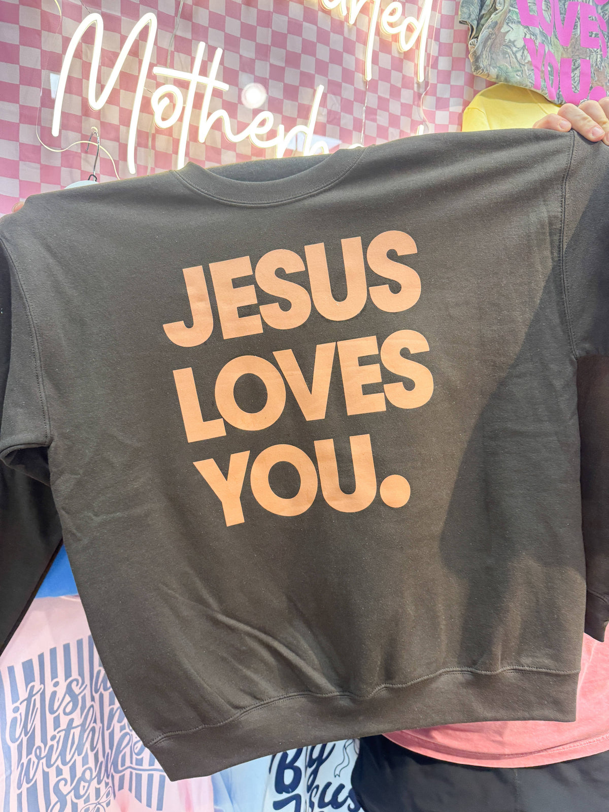 Jesus Loves You. Brown Graphic Christian Sweatshirt - Fall