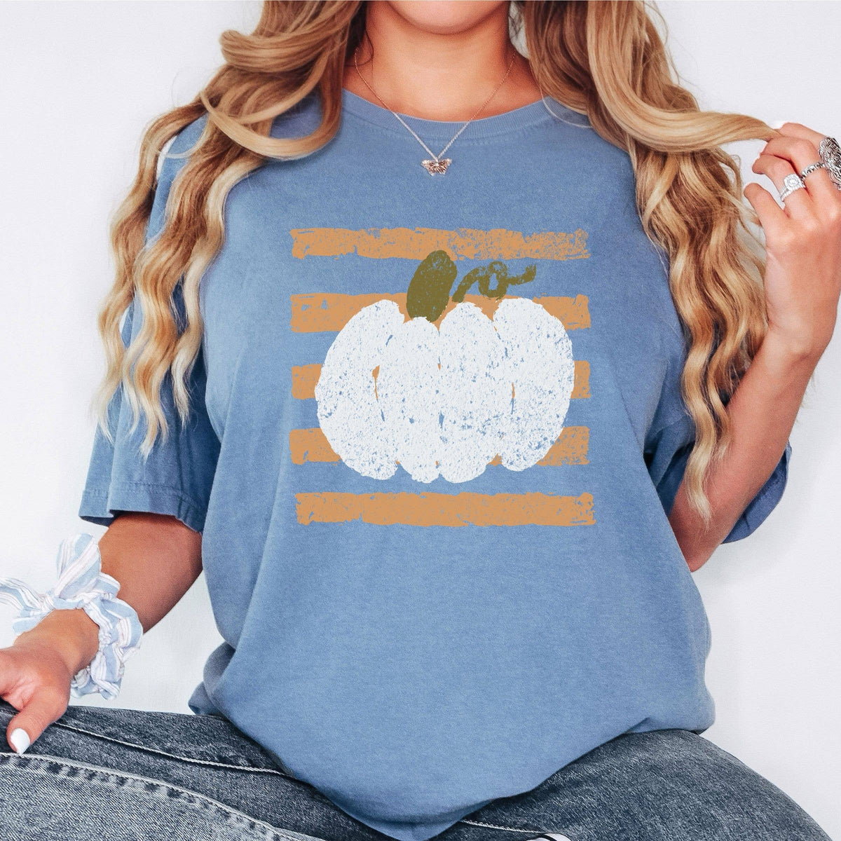 Pumpkin With Vertical Lines Tee - Floral Fall Graphic Tee