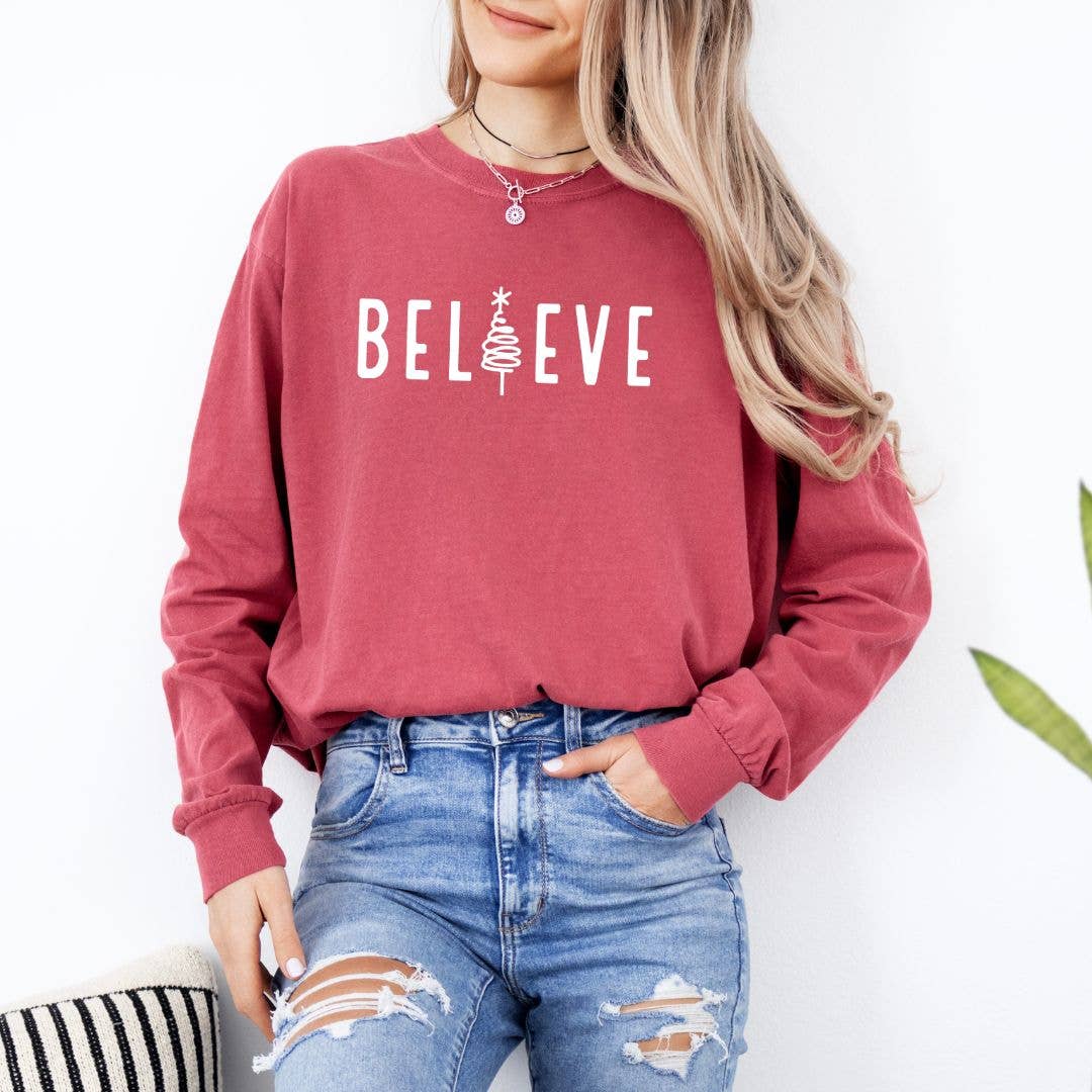 Believe Long Sleeve Christmas Tee - Graphic Christmas Tshirt