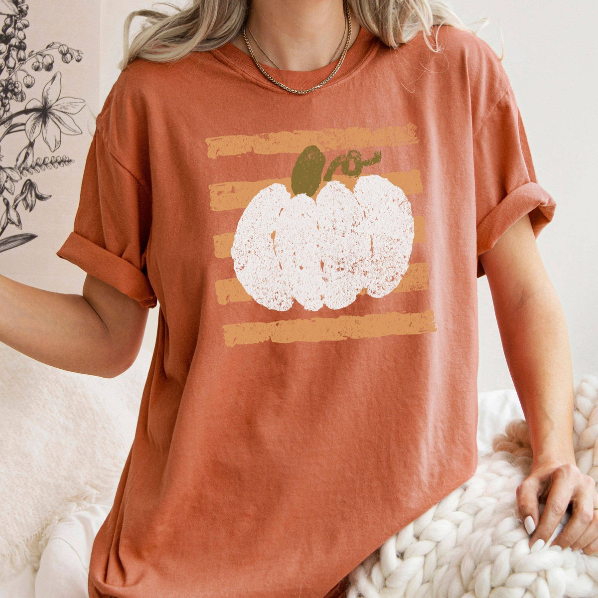 Pumpkin With Vertical Lines Tee - Floral Fall Graphic Tee