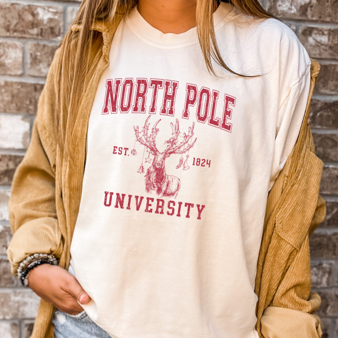 North Pole University Christmas Graphic Tee - Red Print