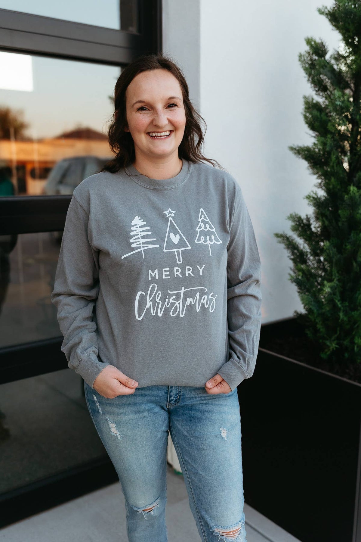 Merry Christmas LONG Sleeve Tee - Graphic Tee - Three Trees