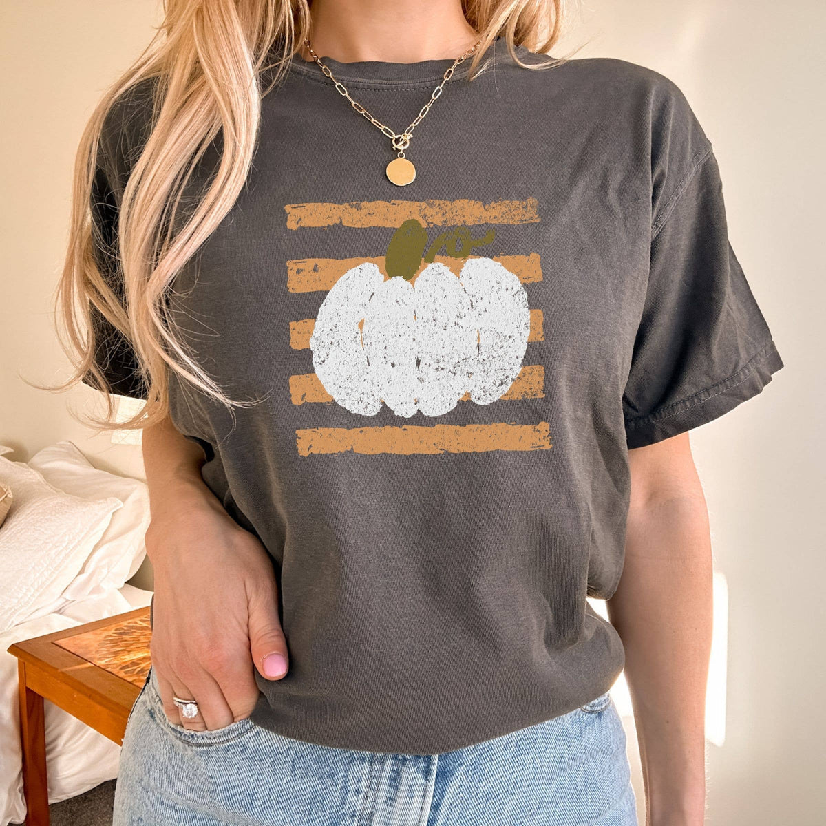 Pumpkin With Vertical Lines Tee - Floral Fall Graphic Tee