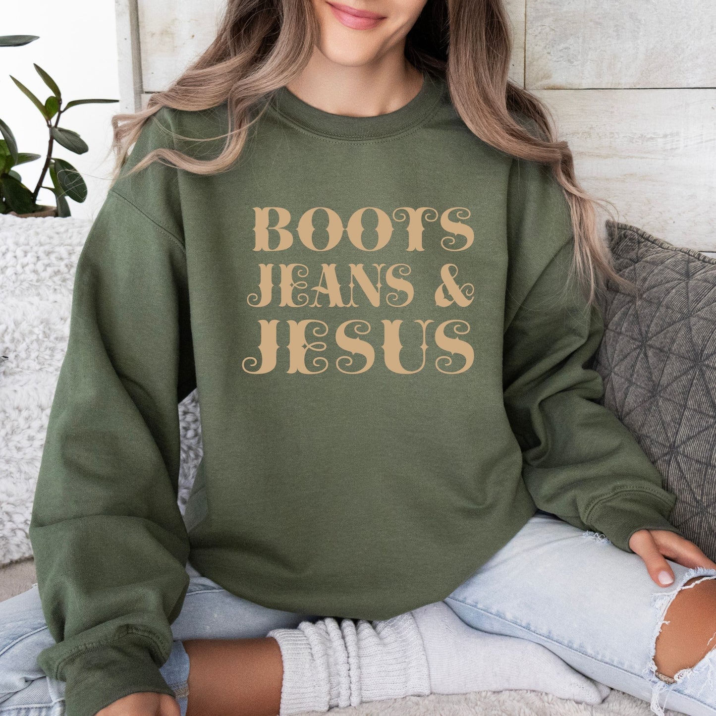 Boots, Jeans and Jesus Sweatshirt (Multiple Colors)