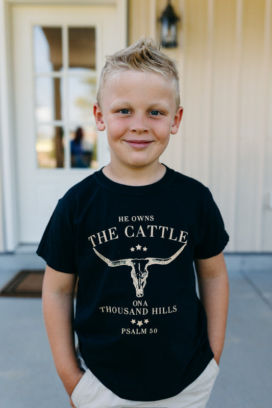 He Owns The Cattle On A Thousand Hills (Youth) - Black Tee
