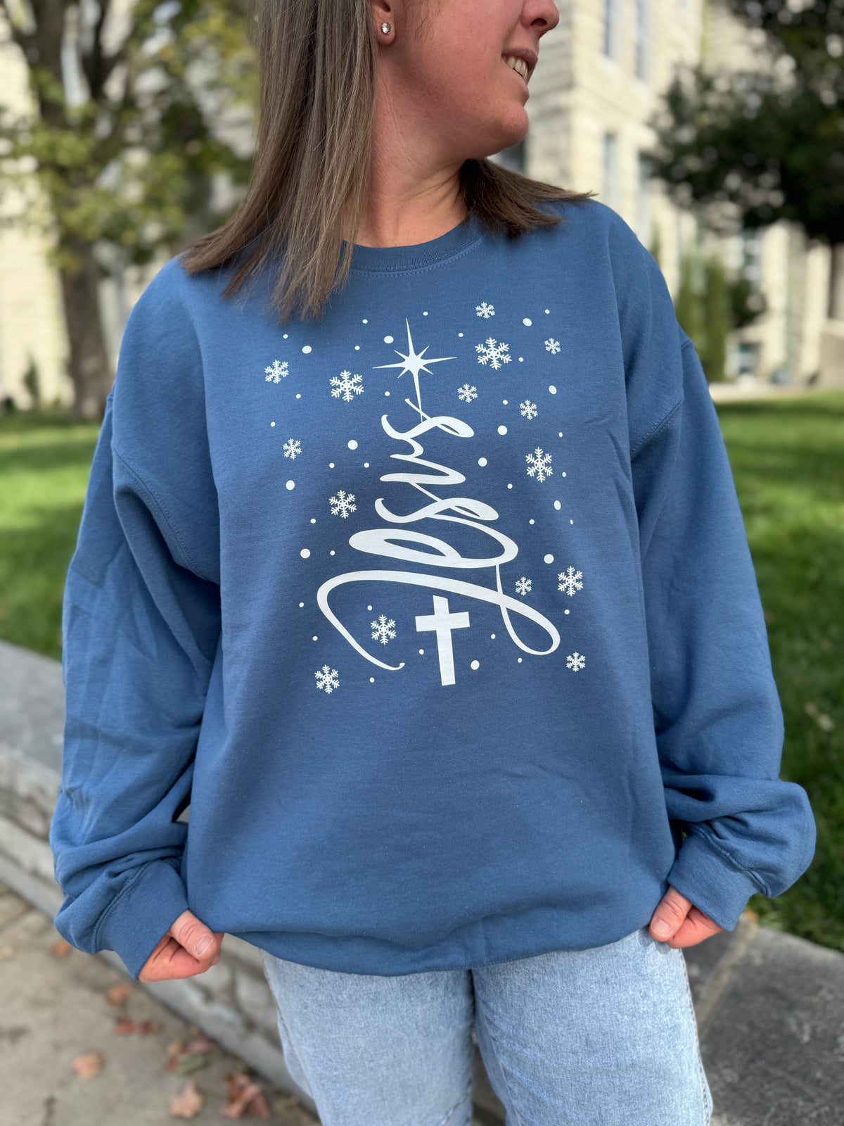 Jesus Snow Christmas Tree Graphic Sweatshirt