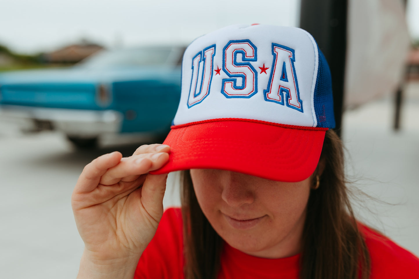 USA Embroidered Trucker Hat Red White and Blue