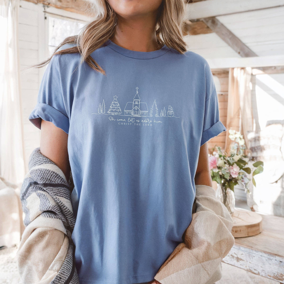 Oh Come Let Us Adore Him Christian Graphic Tee - Christmas
