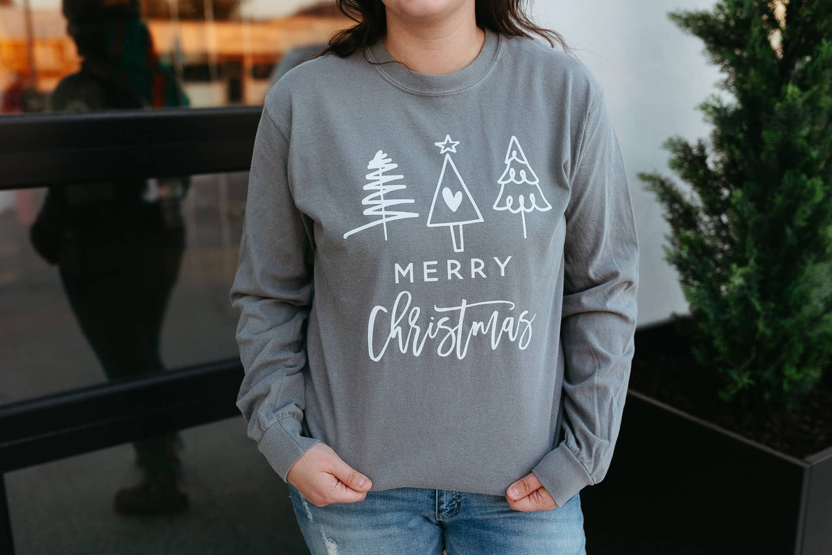 Merry Christmas LONG Sleeve Tee - Graphic Tee - Three Trees