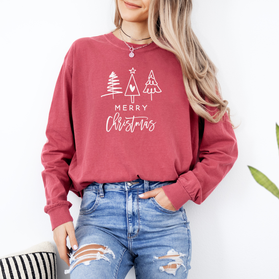 Merry Christmas LONG Sleeve Tee - Graphic Tee - Three Trees