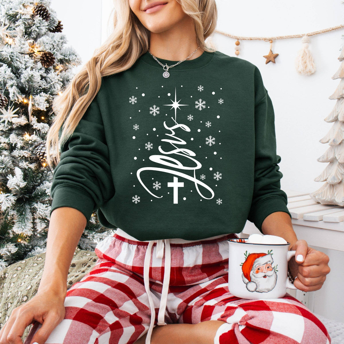 Jesus Snow Christmas Tree Graphic Sweatshirt